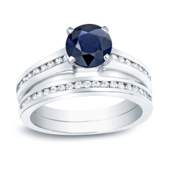 Gold 3/4ct Blue Sapphire and 3/4ct TDW Round Diamonds Engagement Ring - Handcrafted By Name My Rings™