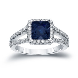Gold 3/4ct Blue Sapphire and 3/5ct TDW Diamond Halo Engagement Ring - Handcrafted By Name My Rings™