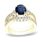 Gold 3/4ct Blue Sapphire and 3/5ct TDW Round Cut Diamond Bridal Ring Set - Handcrafted By Name My Rings™