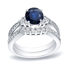 Gold 3/4ct Blue Sapphire and 3/5ct TDW Round Cut Diamond Bridal Ring Set - Handcrafted By Name My Rings™