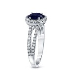 Gold 3/4ct Blue Sapphire and 3/5ct TDW Round Cut Diamond Halo Engagement Ring - Handcrafted By Name My Rings™