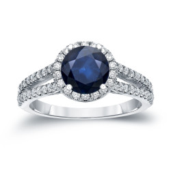 Gold 3/4ct Blue Sapphire and 3/5ct TDW Round Cut Diamond Halo Engagement Ring - Handcrafted By Name My Rings™