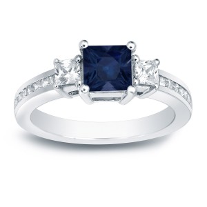 Gold 3/4ct Blue Sapphire and Diamond Three-Stone Engagement Ring - Handcrafted By Name My Rings™
