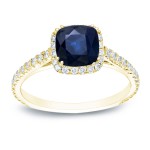 Gold 3/4ct Cushion cut Blue Sapphire and 3/4ct TDW Diamond Halo Engagement Ring - Handcrafted By Name My Rings™