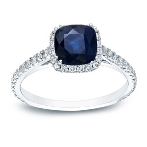 Gold 3/4ct Cushion cut Blue Sapphire and 3/4ct TDW Diamond Halo Engagement Ring - Handcrafted By Name My Rings™