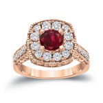 Gold 3/4ct Ruby and 7/8ct TDW Round Diamond Halo Engagement Ring - Handcrafted By Name My Rings™
