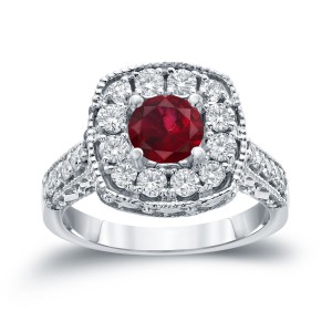 Gold 3/4ct Ruby and 7/8ct TDW Round Diamond Halo Engagement Ring - Handcrafted By Name My Rings™