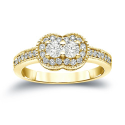 Gold 3/4ct TDW 2-Stone Round Cut Diamond Halo Engagement Ring - Handcrafted By Name My Rings™