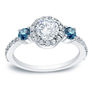 Gold 3/4ct TDW 3-Stone Blue and White Diamond Halo Engagement Ring - Handcrafted By Name My Rings™