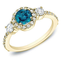 Gold 3/4ct TDW Blue Diamond 3-stone Halo Engagement Ring - Handcrafted By Name My Rings™