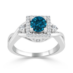 Gold 3/4ct TDW Blue Round Diamond Halo Engagement Ring - Handcrafted By Name My Rings™