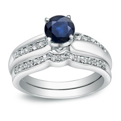 Gold 3/4ct TDW Blue Sapphire and 1/4ct TDW Round Diamond Bridal Ring Set - Handcrafted By Name My Rings™