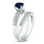 Gold 3/4ct TDW Blue Sapphire and 1/4ct TDW Round Diamond Bridal Ring Set - Handcrafted By Name My Rings™