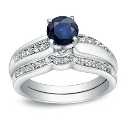Gold 3/4ct TDW Blue Sapphire and 1/4ct TDW Round Diamond Bridal Ring Set - Handcrafted By Name My Rings™