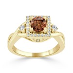 Gold 3/4ct TDW Brown Round Diamond Halo Engagement Ring - Handcrafted By Name My Rings™