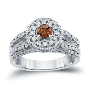 Gold 3/4ct TDW Brown Round Halo Diamond Engagement Ring - Handcrafted By Name My Rings™