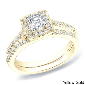 Gold 3/4ct TDW Certified Princess Diamond Halo Bridal Ring Set - Handcrafted By Name My Rings™