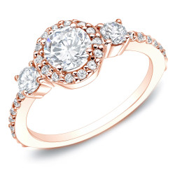 Gold 3/4ct TDW Round Diamond 3-stone Halo Engagement Ring - Handcrafted By Name My Rings™