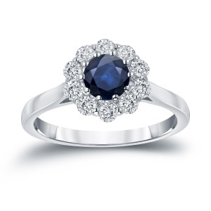 Gold 3/5ct Blue Sapphire and 1/2ct TDW Diamond Halo Engagement Ring - Handcrafted By Name My Rings™