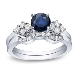 Gold 3/5ct Blue Sapphire and 1/2ct TDW Round Diamond Bridal Ring Set - Handcrafted By Name My Rings™