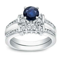 Gold 3/5ct Blue Sapphire and 2/5ct TDW Round Diamond Bridal Ring Set - Handcrafted By Name My Rings™