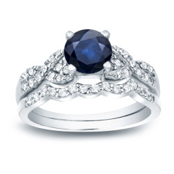 Gold 3/5ct Blue Sapphire and 2/5ct TDW Round Diamond Bridal Ring Set - Handcrafted By Name My Rings™