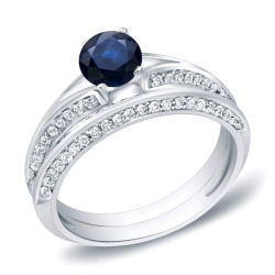 Gold 3/5ct Blue Sapphire and 2/5ct TDW Round Diamond Bridal Ring Set - Handcrafted By Name My Rings™