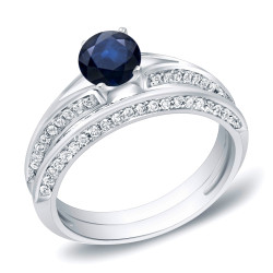 Gold 3/5ct Blue Sapphire and 2/5ct TDW Round Diamond Bridal Ring Set - Handcrafted By Name My Rings™