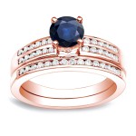 Gold 3/5ct Blue Sapphire and 2/5ct TDW Round Diamond Bridal Set - Handcrafted By Name My Rings™