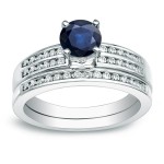 Gold 3/5ct Blue Sapphire and 2/5ct TDW Round Diamond Bridal Set - Handcrafted By Name My Rings™