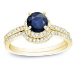 Gold 3/5ct Blue Sapphire and 2/5ct TDW Round Diamonds Bridal Ring Set - Handcrafted By Name My Rings™