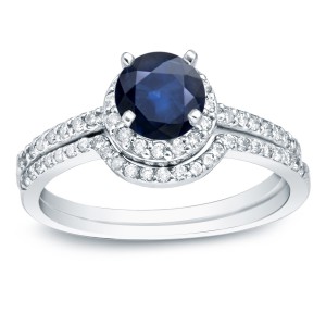 Gold 3/5ct Blue Sapphire and 2/5ct TDW Round Diamonds Bridal Ring Set - Handcrafted By Name My Rings™