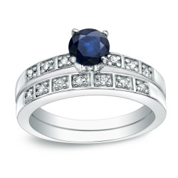 Gold 4/5ct Blue Sapphire and 1/5ct TDW Round Cut Diamond Bridal Ring Set - Handcrafted By Name My Rings™