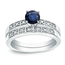Gold 4/5ct Blue Sapphire and 1/5ct TDW Round Cut Diamond Bridal Ring Set - Handcrafted By Name My Rings™