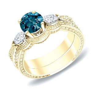 Gold 4/5ct TDW Blue Diamond Bridal Ring Set - Handcrafted By Name My Rings™