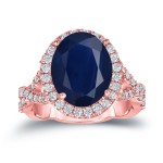 Gold 5ct Oval Cut Blue Sapphire and 3/4ct TDW Diamond Halo Engagement Ring - Handcrafted By Name My Rings™