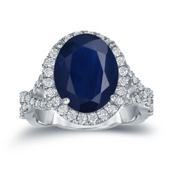 Gold 5ct Oval Cut Blue Sapphire and 3/4ct TDW Diamond Halo Engagement Ring - Handcrafted By Name My Rings™