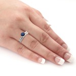 Gold 7/8ct Blue Sapphire and 1/10ct TDW Diamond Bridal Ring Set - Handcrafted By Name My Rings™