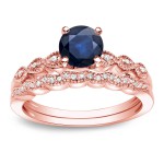 Gold 7/8ct Blue Sapphire and 1/10ct TDW Diamond Bridal Ring Set - Handcrafted By Name My Rings™