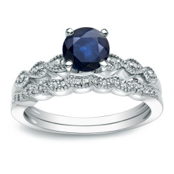 Gold 7/8ct Blue Sapphire and 1/10ct TDW Diamond Bridal Ring Set - Handcrafted By Name My Rings™