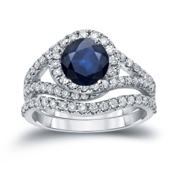 Gold 7/8ct Blue Sapphire and 1ct TDW Round Cut Diamond Halo Engagement Ring - Handcrafted By Name My Rings™