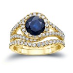Gold 7/8ct Blue Sapphire and 1ct TDW Round Cut Diamond Halo Engagement Ring - Handcrafted By Name My Rings™