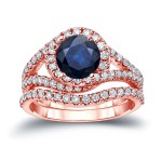 Gold 7/8ct Blue Sapphire and 1ct TDW Round Cut Diamond Halo Engagement Ring - Handcrafted By Name My Rings™