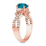 Rose Gold 1 1/2ct TDW Blue Round Diamond Three-stone Ring - Handcrafted By Name My Rings™