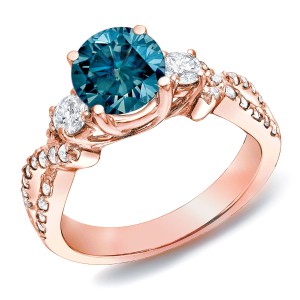 Rose Gold 1 1/2ct TDW Blue Round Diamond Three-stone Ring - Handcrafted By Name My Rings™