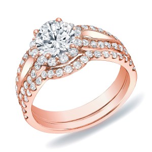 Rose Gold 1 1/2ct TDW Certified Round Diamond Halo Engagement Bridal Ring Set - Handcrafted By Name My Rings™