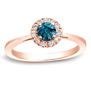 Rose Gold 1/2ct TDW Blue Diamond Halo Engagement Ring - Handcrafted By Name My Rings™