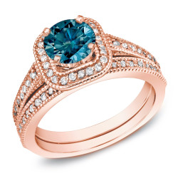 Rose Gold 1ct TDW Blue Diamond Bridal Ring Set - Handcrafted By Name My Rings™