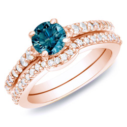 Rose Gold 1ct TDW Blue Diamond Bridal Ring Set - Handcrafted By Name My Rings™