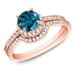 Rose Gold 1ct TDW Blue Diamond Bridal Ring Set - Handcrafted By Name My Rings™